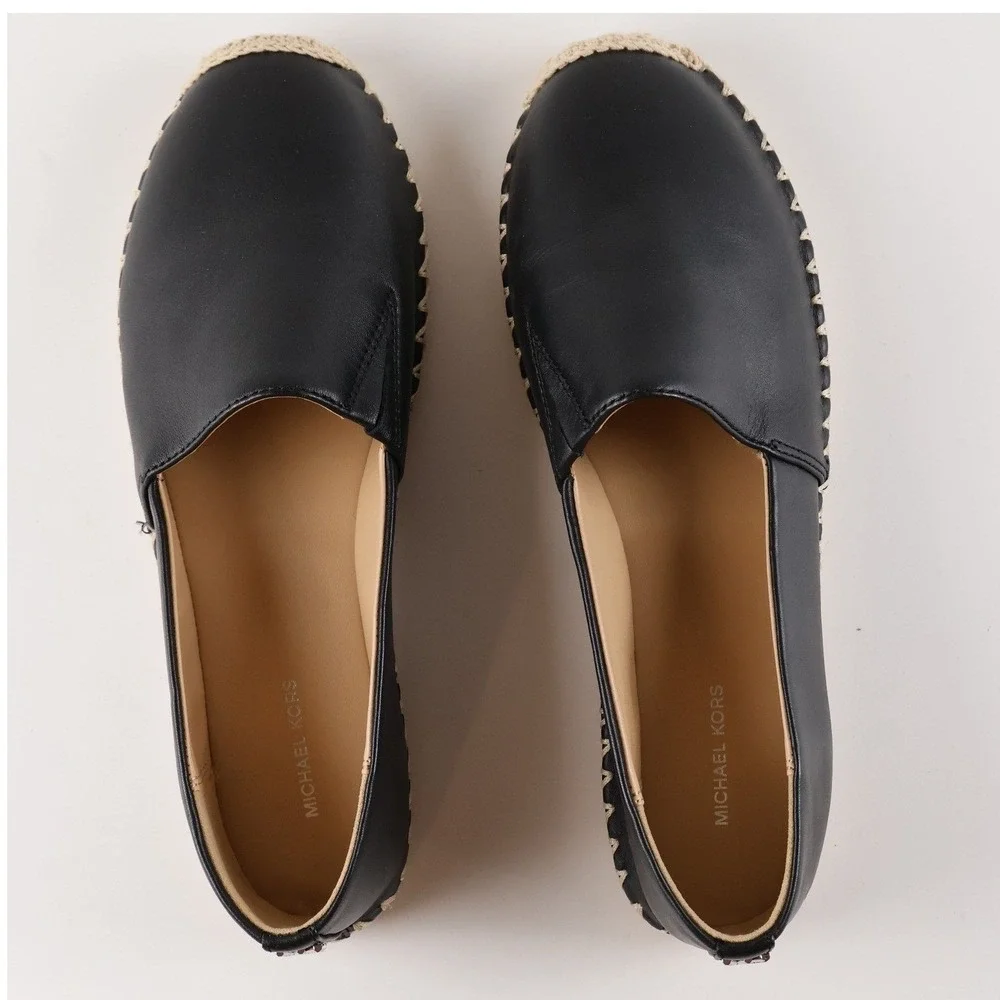 Michael Kors Espadrille Flats Kendrick Slip On Black Solid 8.5M Leather NWOT